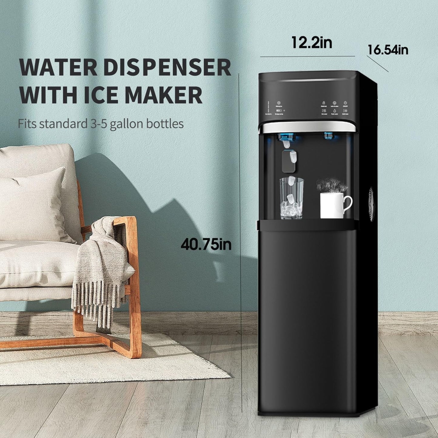 Distributeurs d'eau chauds et froids 3 en 1 noirs avec machine à glaçons