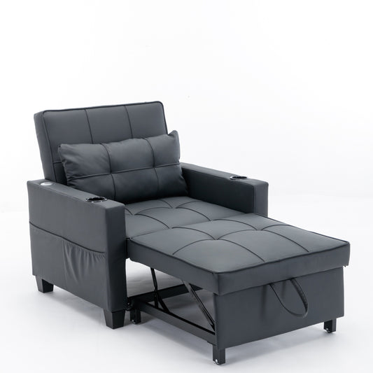 Canapé-lit convertible en simili cuir noir avec ports USB