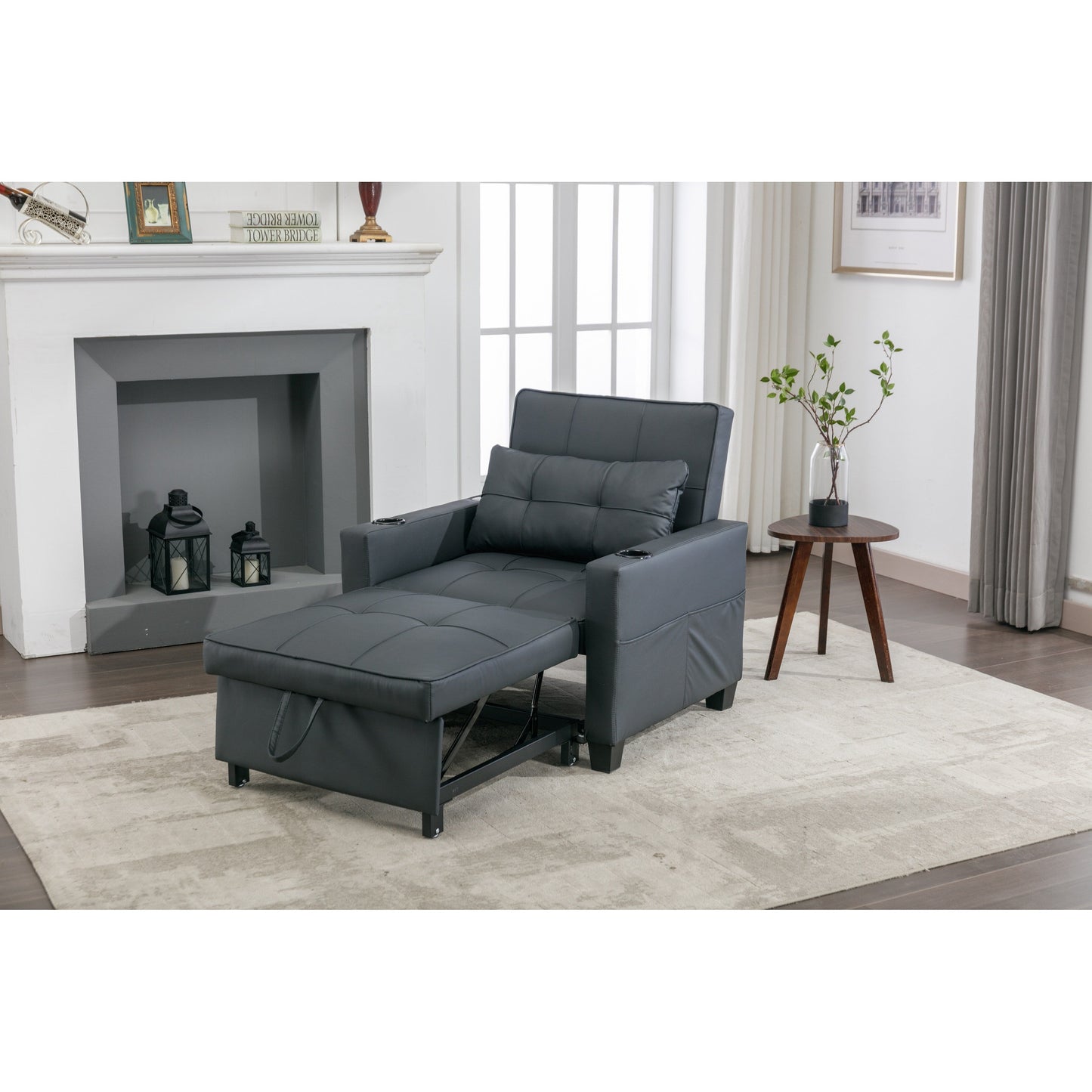 Canapé-lit convertible en simili cuir noir avec ports USB