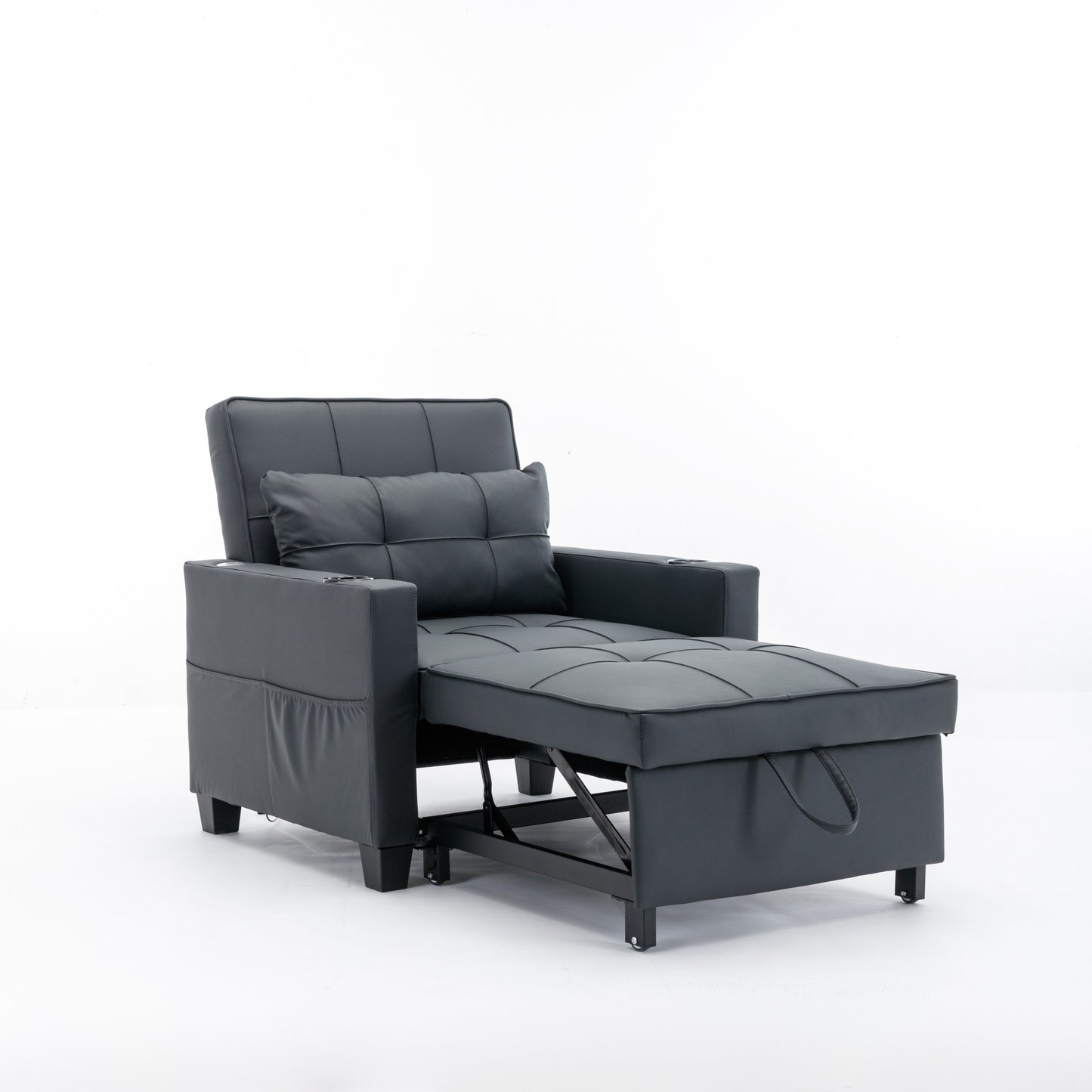Canapé-lit convertible en simili cuir noir avec ports USB