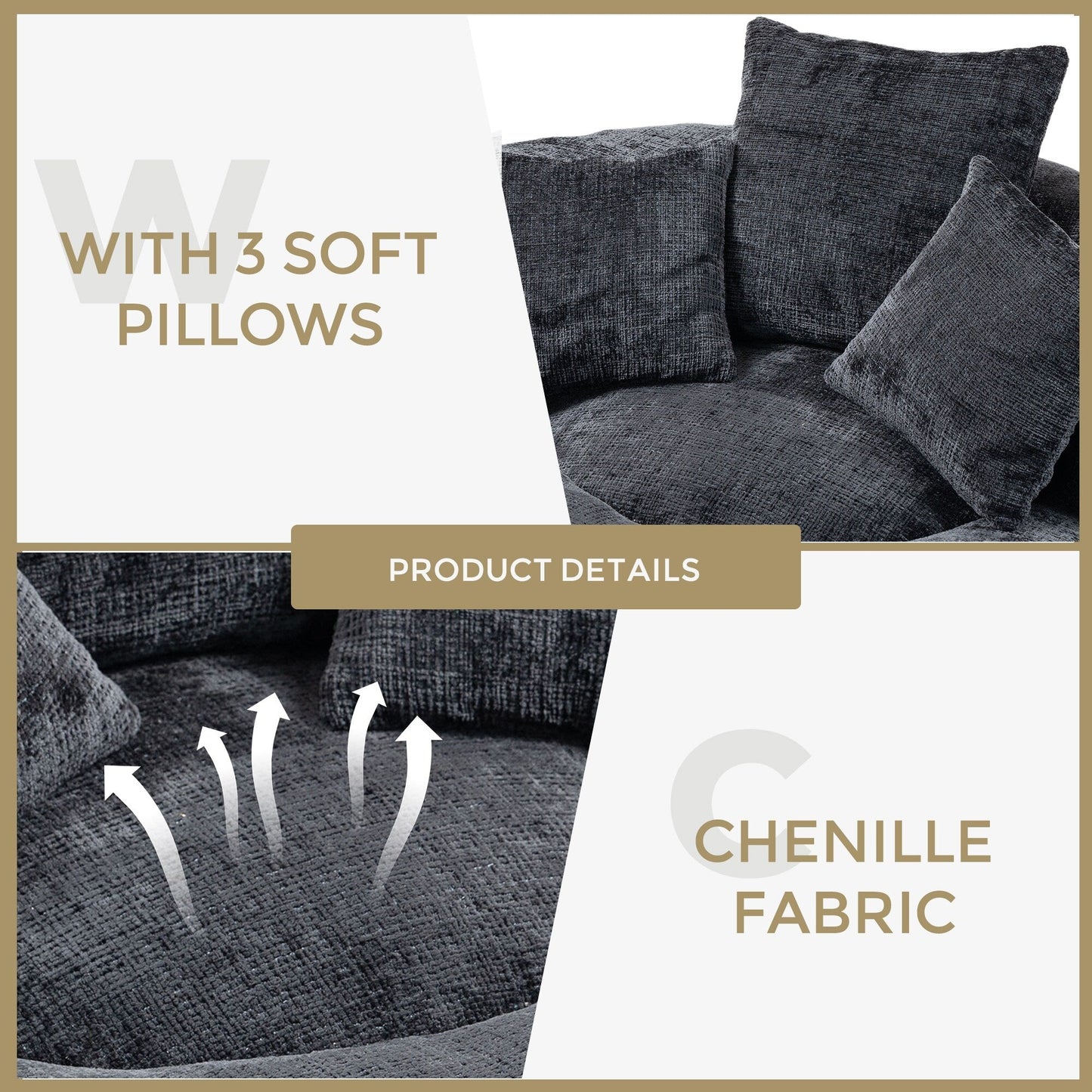 Canapé pouf en chenille noir surdimensionné (42,52 po) avec trois coussins pour chambre à coucher