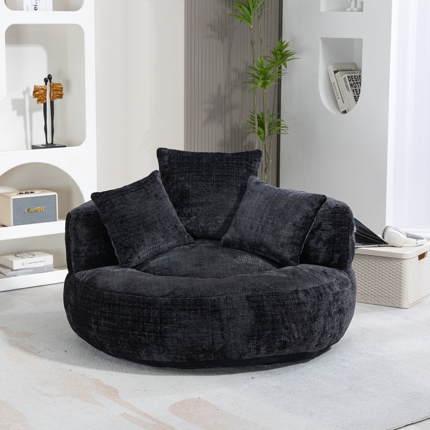 Canapé pouf en chenille noir surdimensionné (42,52 po) avec trois coussins pour chambre à coucher