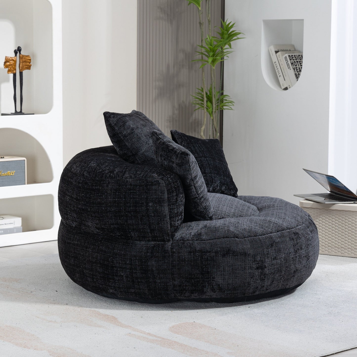 Canapé pouf en chenille noir surdimensionné (42,52 po) avec trois coussins pour chambre à coucher