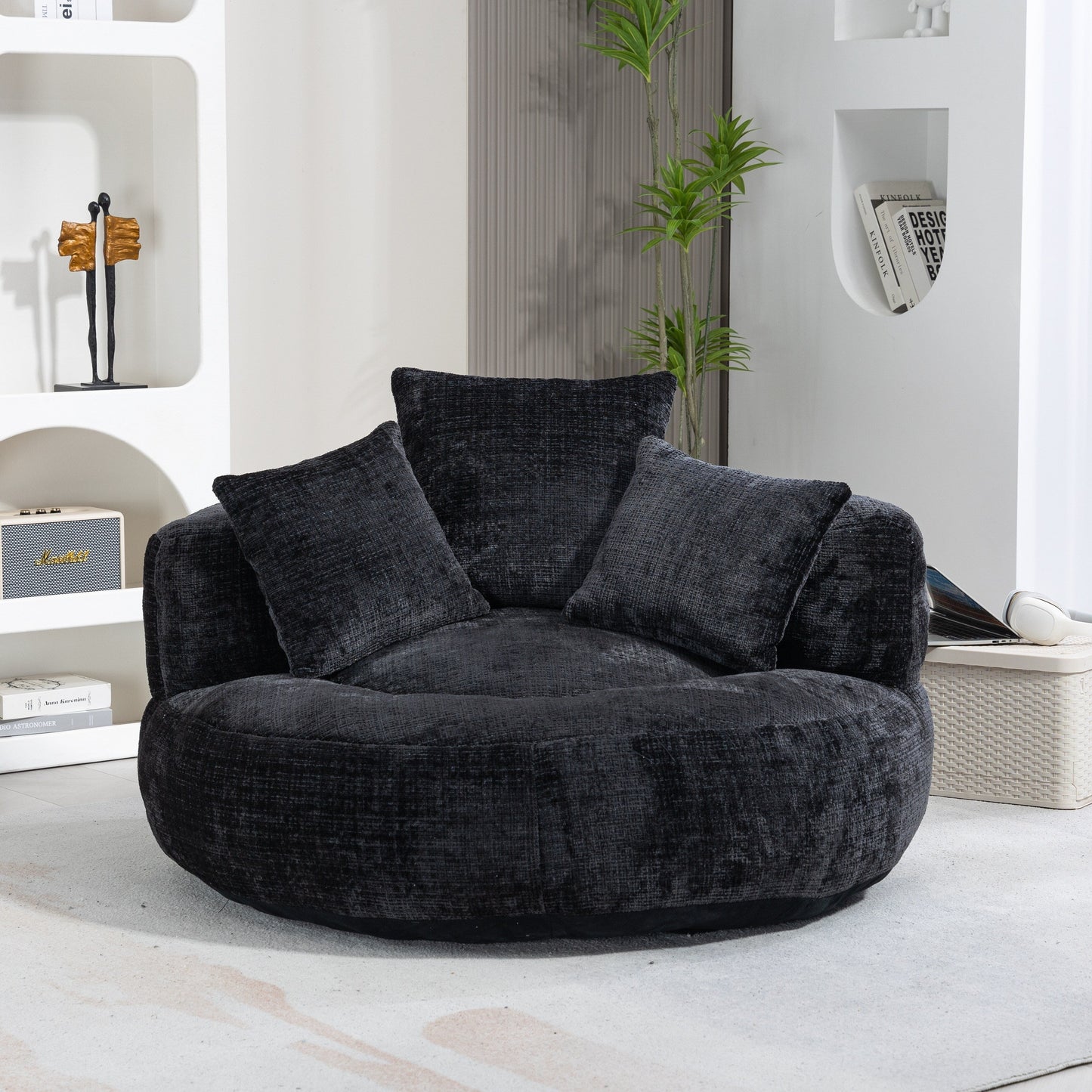 Canapé pouf en chenille noir surdimensionné (42,52 po) avec trois coussins pour chambre à coucher
