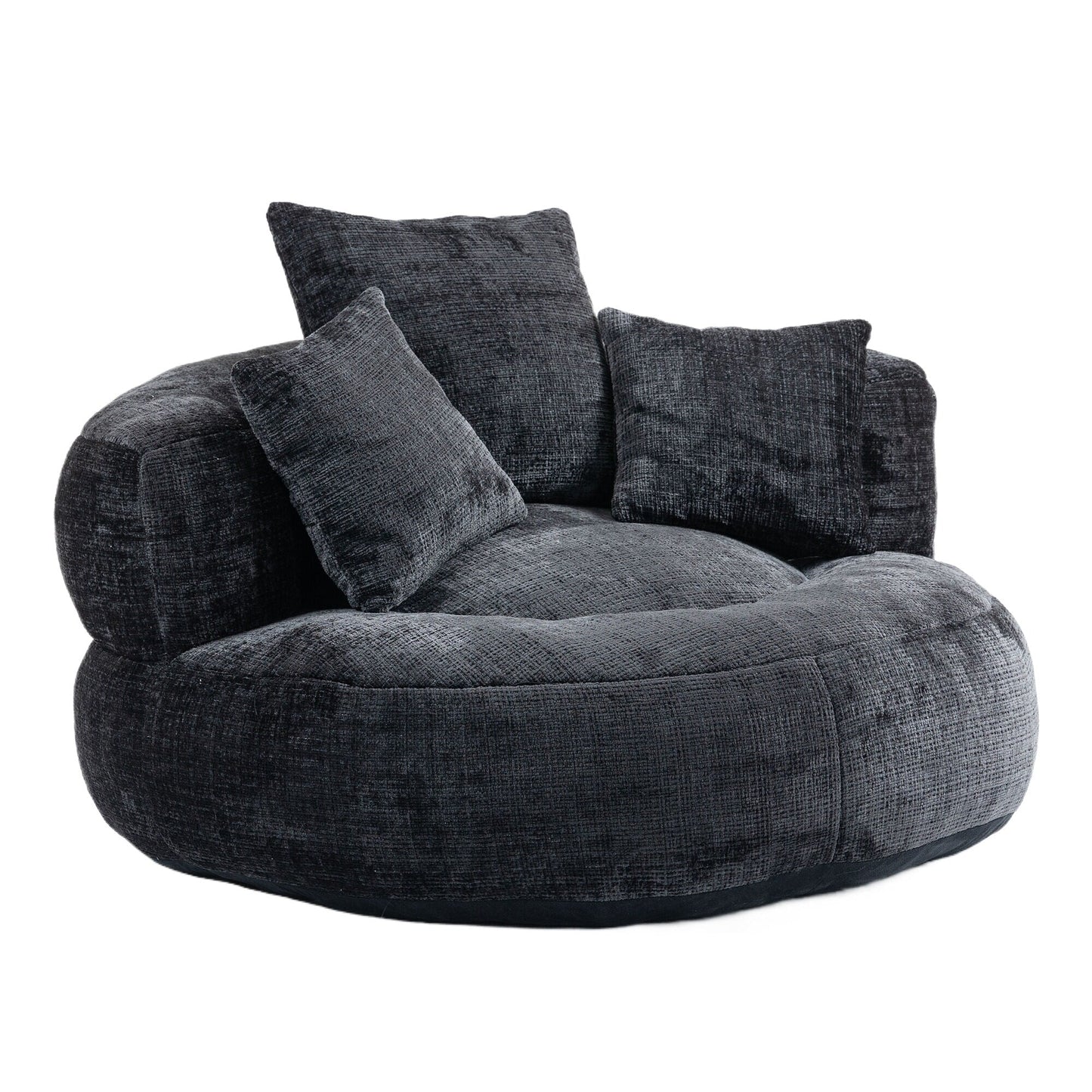 Canapé pouf en chenille noir surdimensionné (42,52 po) avec trois coussins pour chambre à coucher