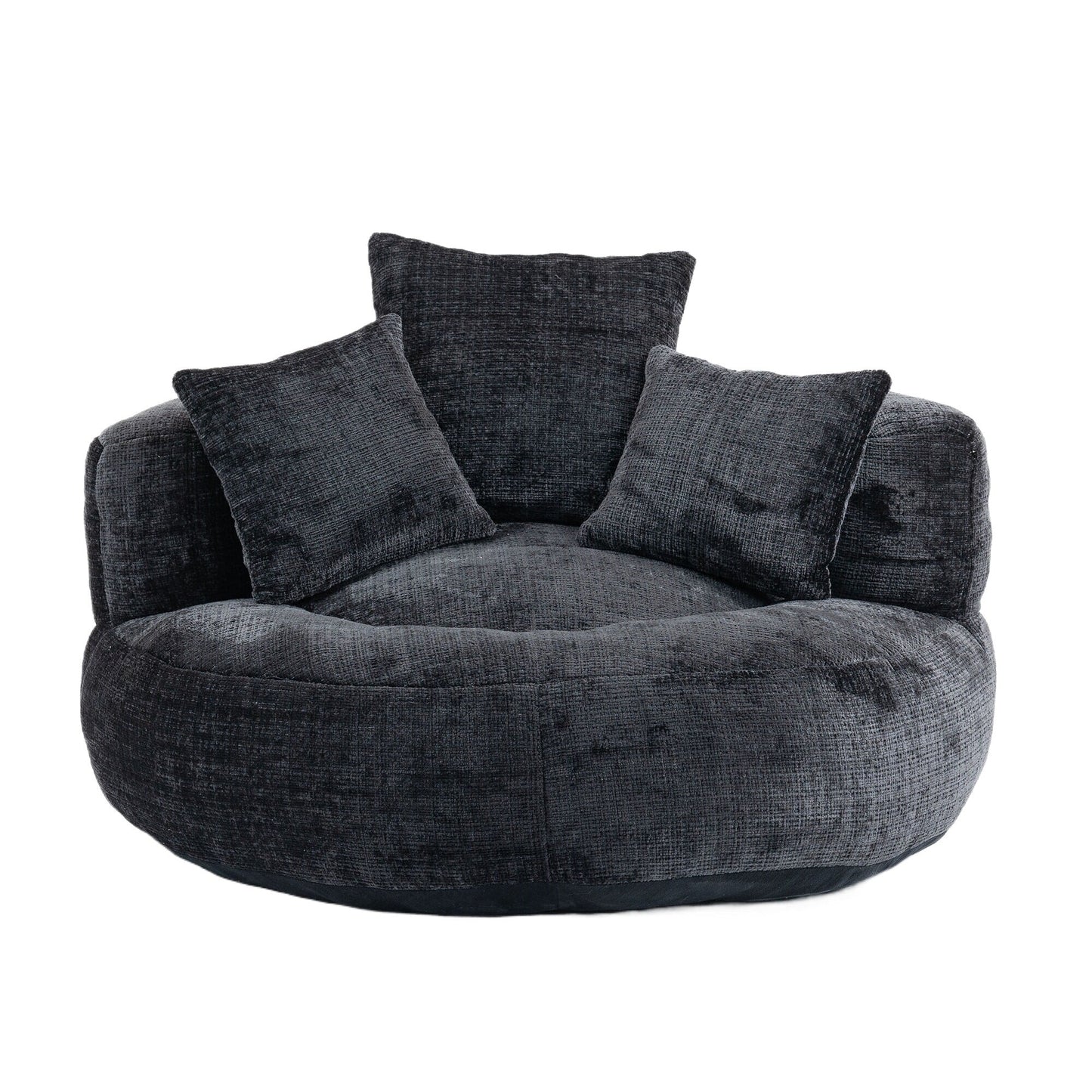 Canapé pouf en chenille noir surdimensionné (42,52 po) avec trois coussins pour chambre à coucher