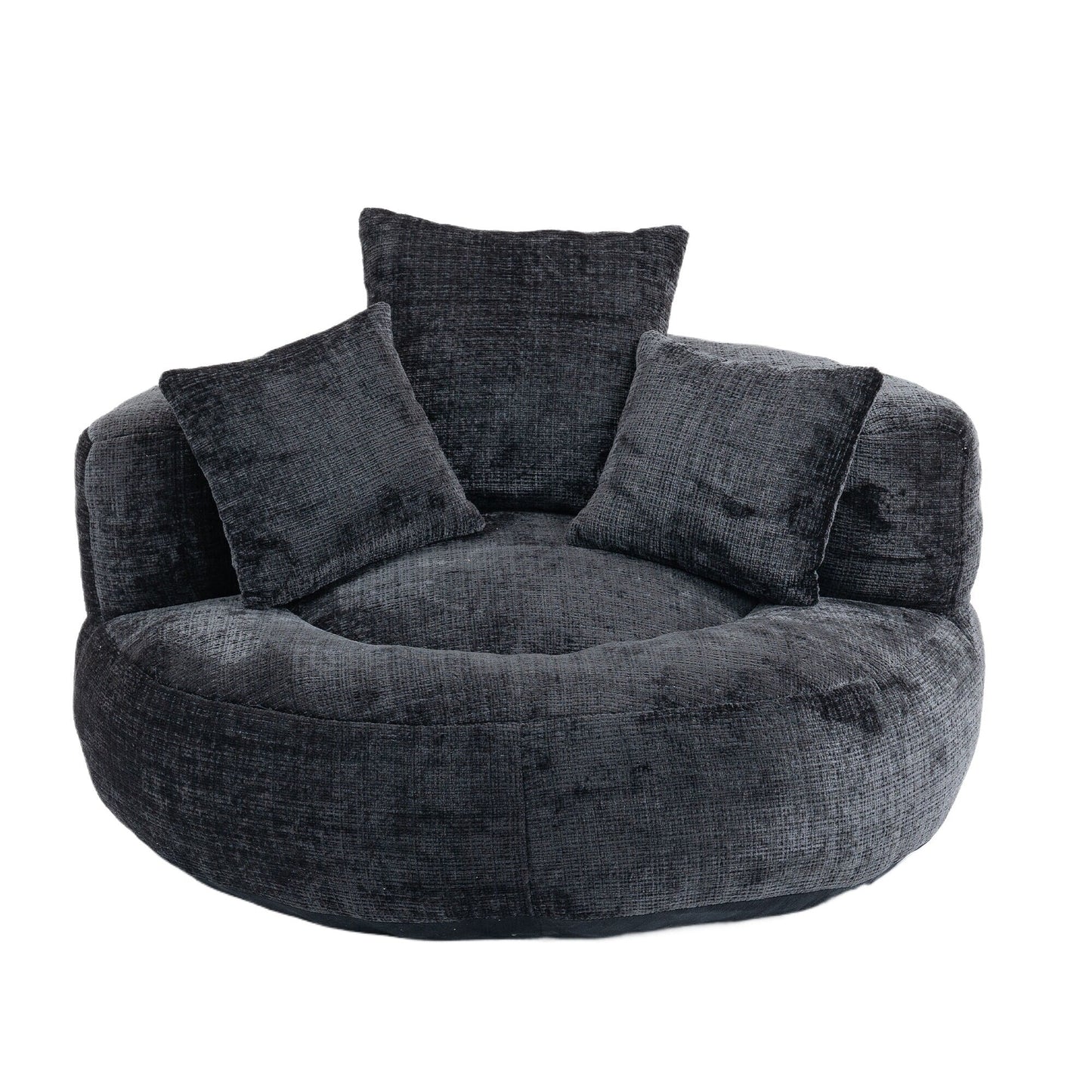 Canapé pouf en chenille noir surdimensionné (42,52 po) avec trois coussins pour chambre à coucher