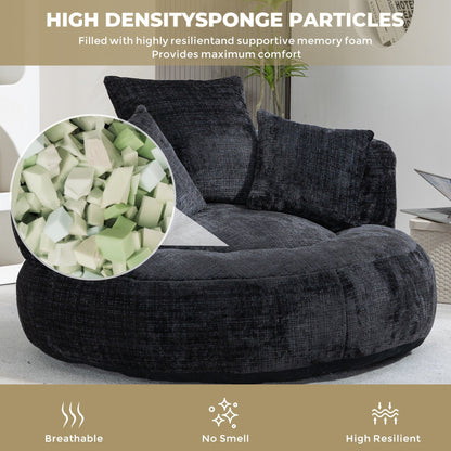 Canapé pouf en chenille noir surdimensionné (42,52 po) avec trois coussins pour chambre à coucher
