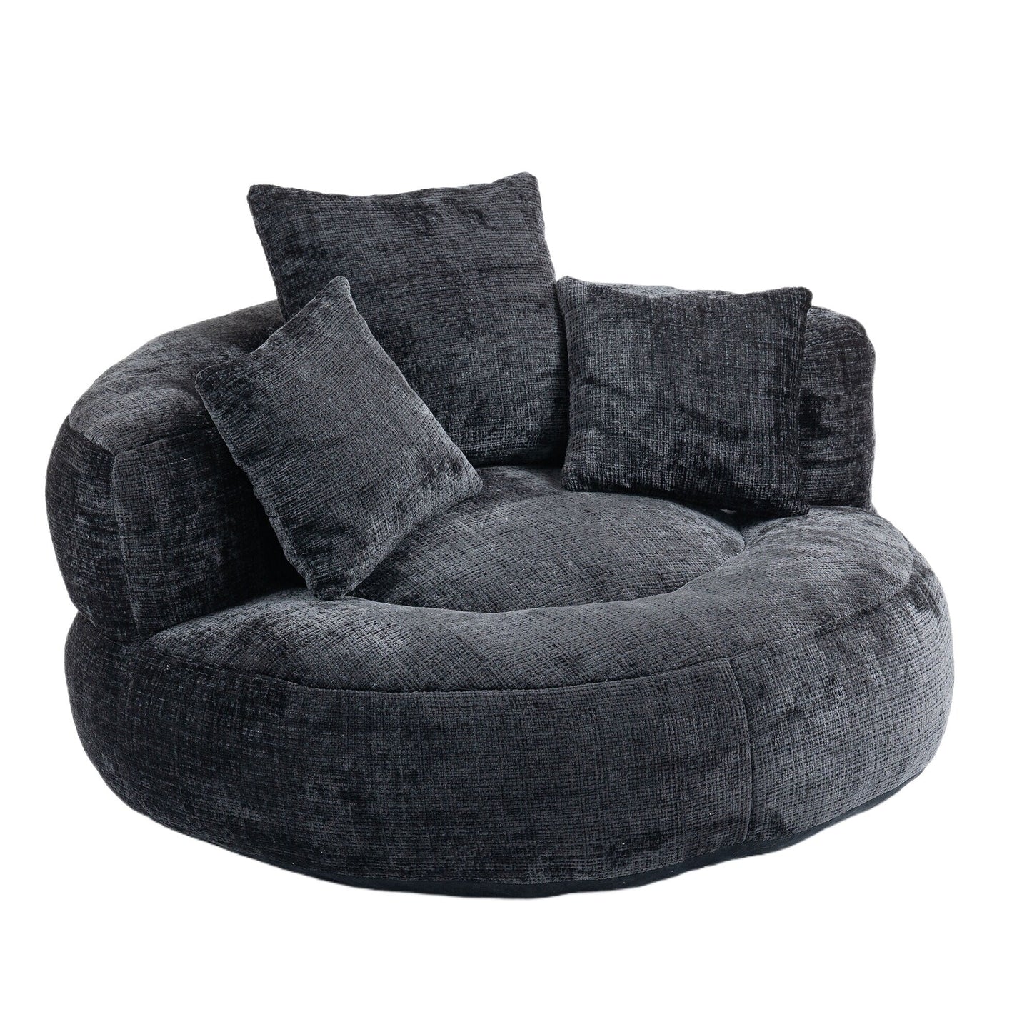 Canapé pouf en chenille noir surdimensionné (42,52 po) avec trois coussins pour chambre à coucher