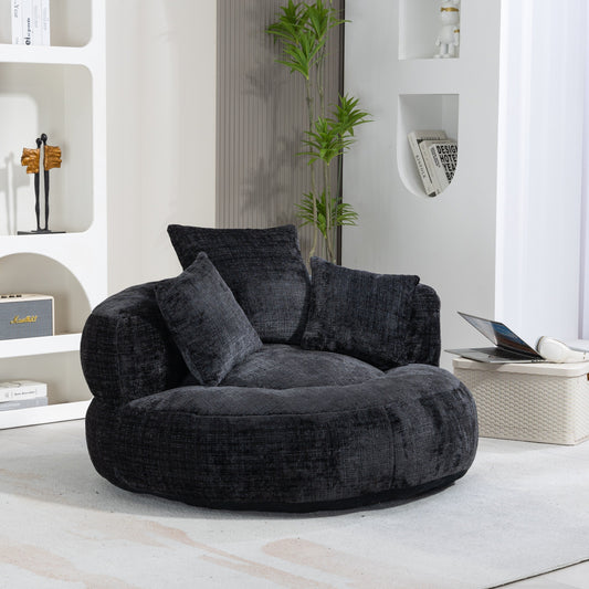 Canapé pouf en chenille noir surdimensionné (42,52 po) avec trois coussins pour chambre à coucher