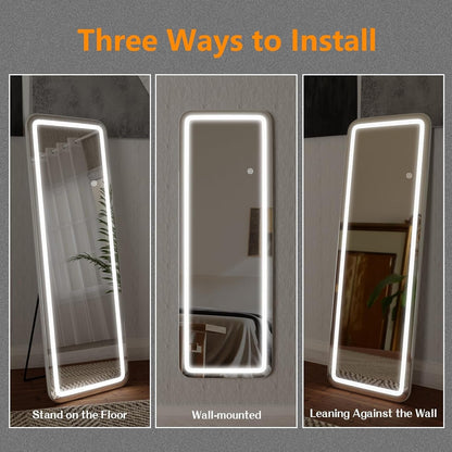 Grand miroir de sol avec éclairage LED, miroir pleine longueur 64 x 21 pouces avec support, miroir mural suspendu, miroir corporel entier.