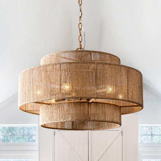 Suspension à plusieurs niveaux en forme de tambour, en corde de chanvre brun bohémien - 23,62 L x 15,16 H (largeur x hauteur)