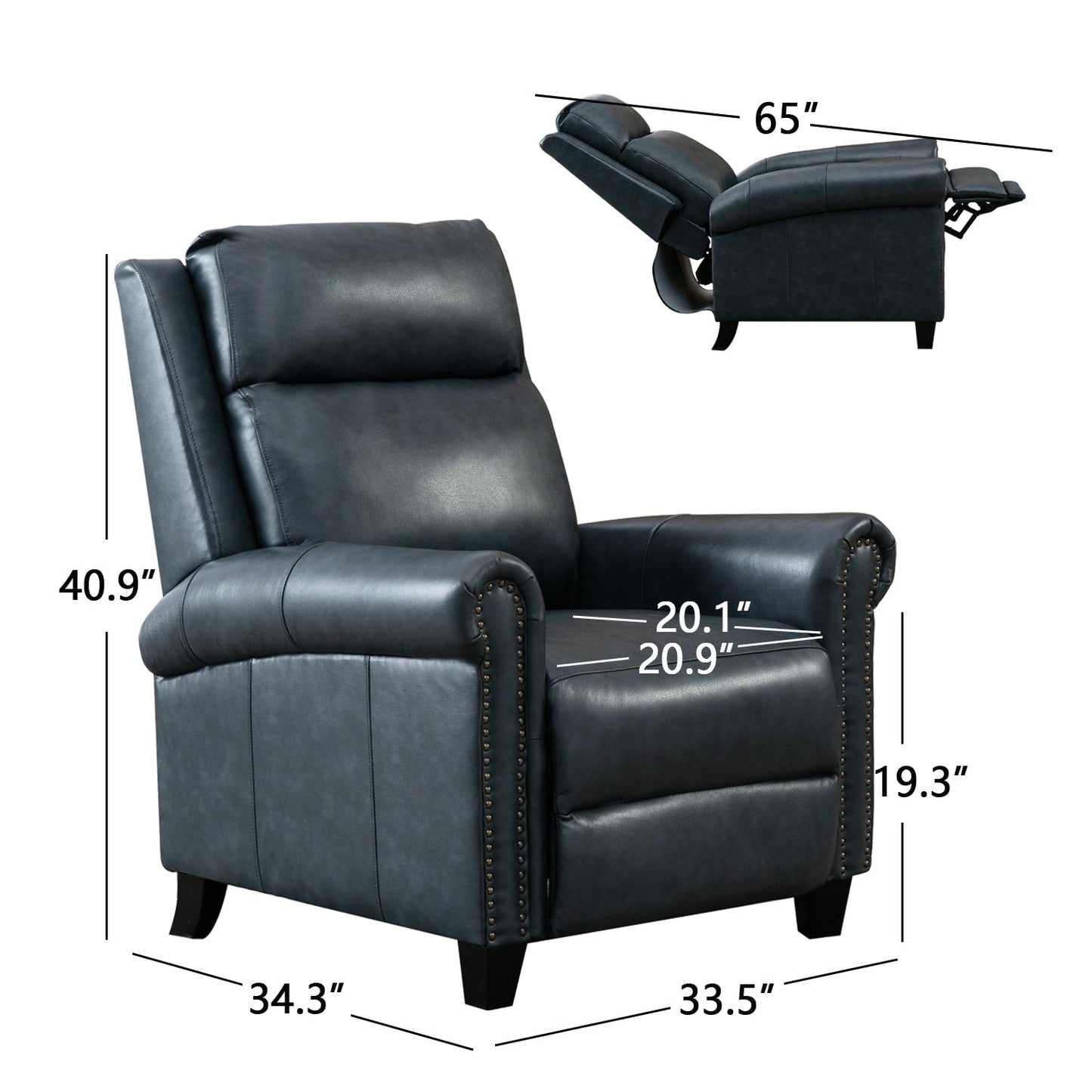 Fauteuil inclinable en cuir véritable avec accoudoirs et dossier confortables.