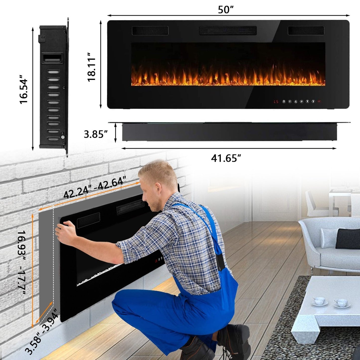 Bossin Cheminée électrique encastrable murale linéaire ultra-fine et silencieuse de 30 à 72 pouces avec télécommande