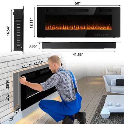 Bossin Cheminée électrique encastrable murale linéaire ultra-fine et silencieuse de 30 à 72 pouces avec télécommande