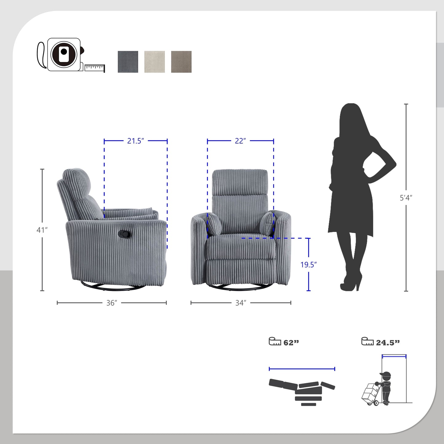 Fauteuil pivotant et inclinable manuel en velours côtelé Braidy
