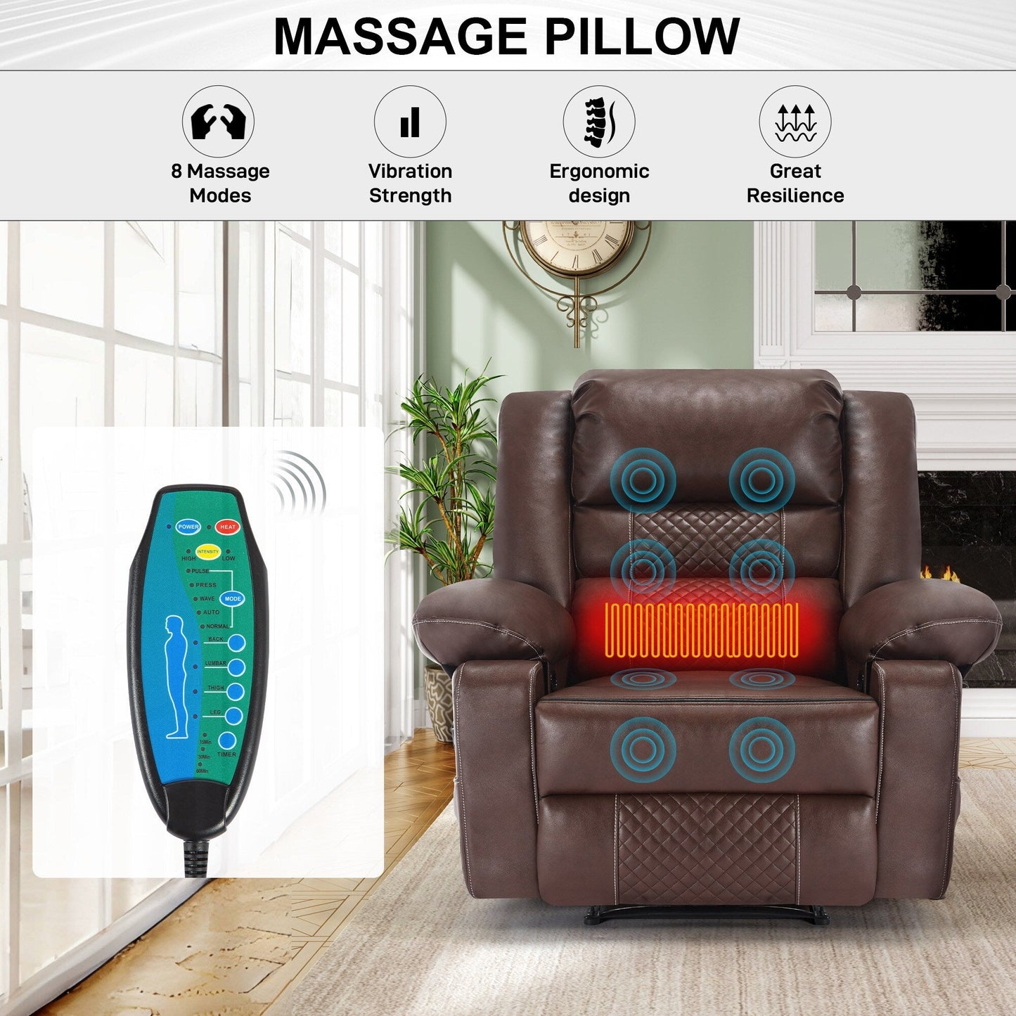 Fauteuil inclinable manuel marron avec massage à 8 points, fonction chauffante et structure robuste pour un confort optimal dans le salon.