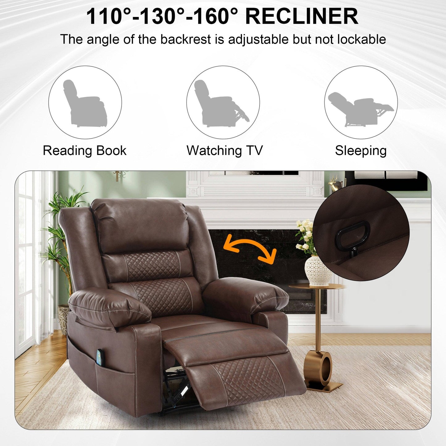 Fauteuil inclinable manuel marron avec massage à 8 points, fonction chauffante et structure robuste pour un confort optimal dans le salon.