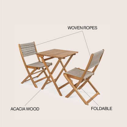 Cadiz Ensemble de bistro pliable pour extérieur en bois d'acacia, style côtier moderne, 3 pièces, par JONATHAN Y