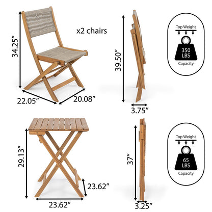 Cadiz Ensemble de bistro pliable pour extérieur en bois d'acacia, style côtier moderne, 3 pièces, par JONATHAN Y