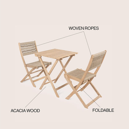 Cadiz Ensemble de bistro pliable pour extérieur en bois d'acacia, style côtier moderne, 3 pièces, par JONATHAN Y