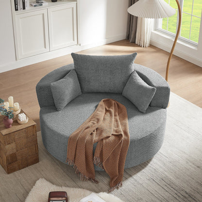 Fauteuil de salon en forme de tonneau avec accoudoirs, en chenille, avec base pivotante à 360 degrés et 3 coussins amovibles.