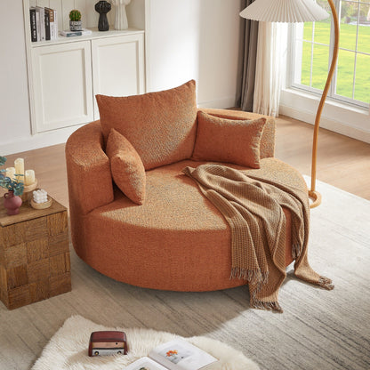 Fauteuil de salon en forme de tonneau avec accoudoirs, en chenille, avec base pivotante à 360 degrés et 3 coussins amovibles.