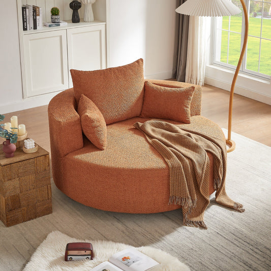 Fauteuil de salon en forme de tonneau avec accoudoirs, en chenille, avec base pivotante à 360 degrés et 3 coussins amovibles.