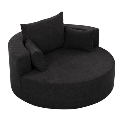 Fauteuil de salon en forme de tonneau avec accoudoirs, en chenille, avec base pivotante à 360 degrés et 3 coussins amovibles.