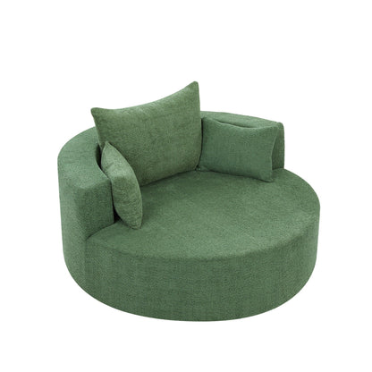 Fauteuil de salon en forme de tonneau avec accoudoirs, en chenille, avec base pivotante à 360 degrés et 3 coussins amovibles.