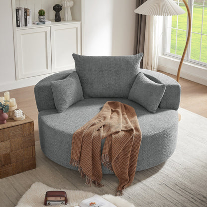 Fauteuil de salon en forme de tonneau avec accoudoirs, en chenille, avec base pivotante à 360 degrés et 3 coussins amovibles.
