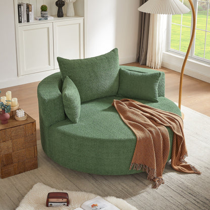 Fauteuil de salon en forme de tonneau avec accoudoirs, en chenille, avec base pivotante à 360 degrés et 3 coussins amovibles.
