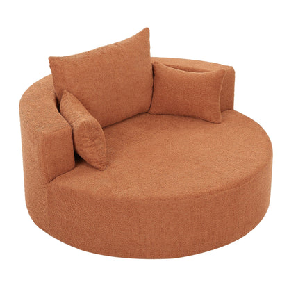 Fauteuil de salon en forme de tonneau avec accoudoirs, en chenille, avec base pivotante à 360 degrés et 3 coussins amovibles.