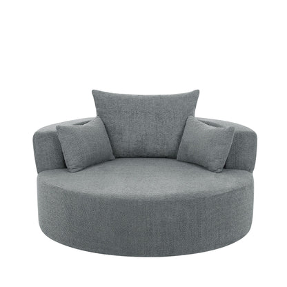 Fauteuil de salon en forme de tonneau avec accoudoirs, en chenille, avec base pivotante à 360 degrés et 3 coussins amovibles.