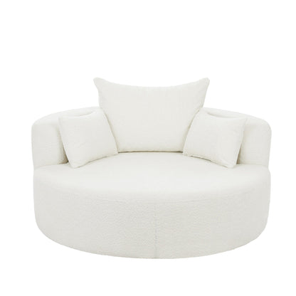 Fauteuil de salon en forme de tonneau avec accoudoirs, en chenille, avec base pivotante à 360 degrés et 3 coussins amovibles.