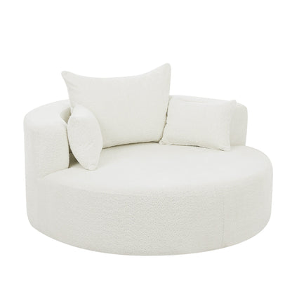 Fauteuil de salon en forme de tonneau avec accoudoirs, en chenille, avec base pivotante à 360 degrés et 3 coussins amovibles.