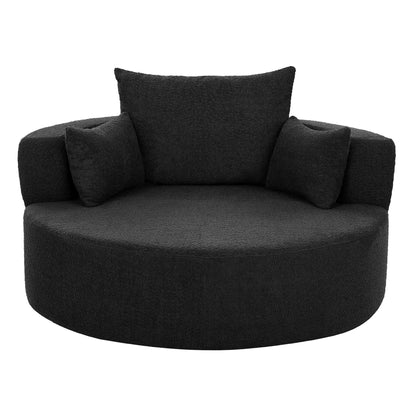 Fauteuil de salon en forme de tonneau avec accoudoirs, en chenille, avec base pivotante à 360 degrés et 3 coussins amovibles.