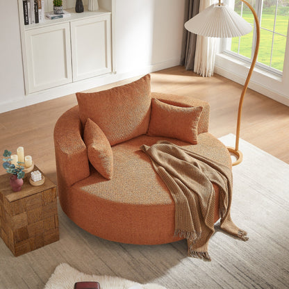 Fauteuil de salon en forme de tonneau avec accoudoirs, en chenille, avec base pivotante à 360 degrés et 3 coussins amovibles.