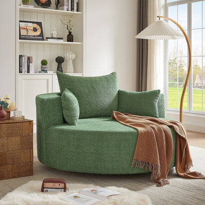 Fauteuil de salon en forme de tonneau avec accoudoirs, en chenille, avec base pivotante à 360 degrés et 3 coussins amovibles.