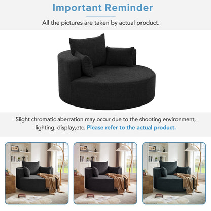 Fauteuil de salon en forme de tonneau avec accoudoirs, en chenille, avec base pivotante à 360 degrés et 3 coussins amovibles.