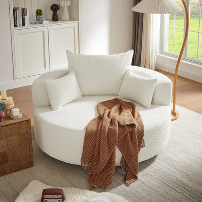Fauteuil de salon en forme de tonneau avec accoudoirs, en chenille, avec base pivotante à 360 degrés et 3 coussins amovibles.