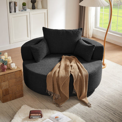 Fauteuil de salon en forme de tonneau avec accoudoirs, en chenille, avec base pivotante à 360 degrés et 3 coussins amovibles.