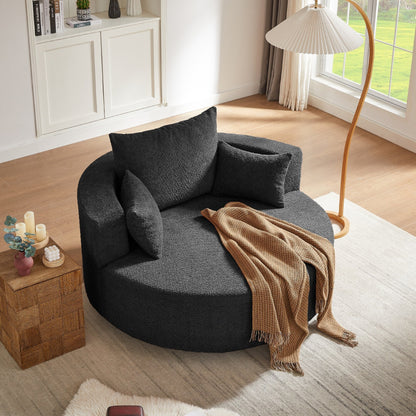 Fauteuil de salon en forme de tonneau avec accoudoirs, en chenille, avec base pivotante à 360 degrés et 3 coussins amovibles.