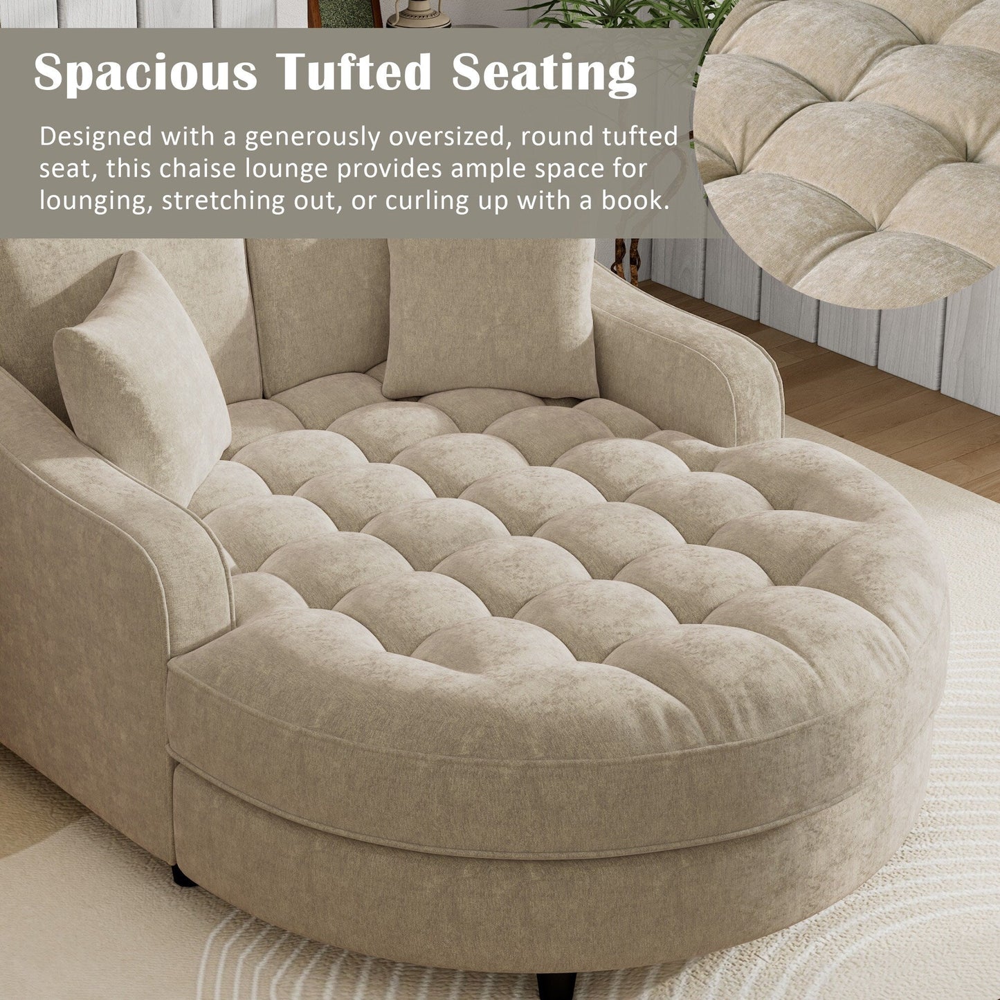 Canapé-lit chaise longue en chenille, canapé-lit recouvert de tissu avec dossier capitonné et 2 coussins amovibles pour le salon.