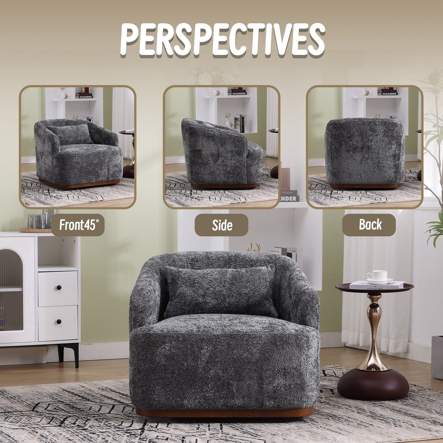 Fauteuil pivotant en chenille, canapé d'appoint confortable à 360 degrés pour salon, chambre à coucher et bureau avec coussin amovible.