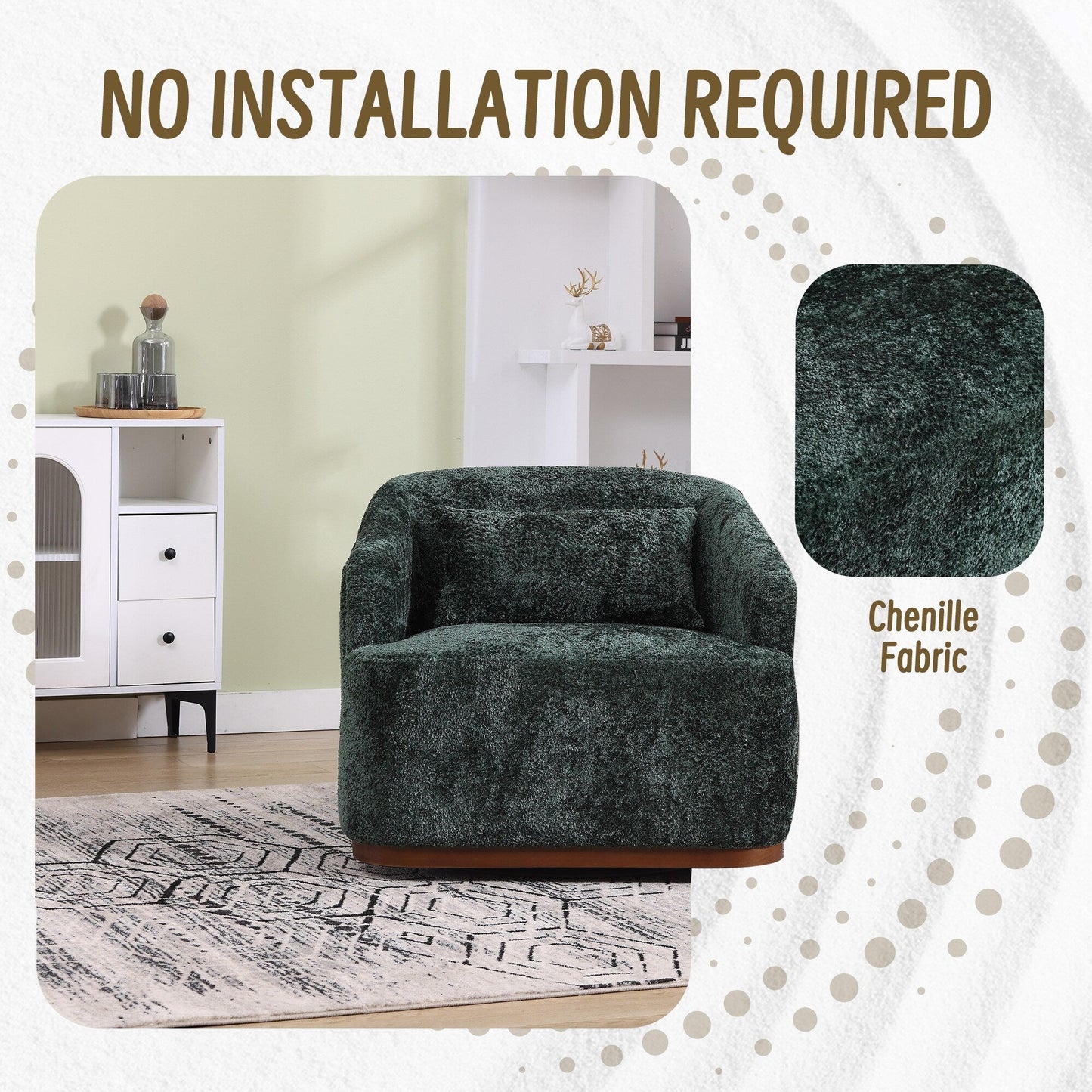Fauteuil pivotant en chenille, canapé d'appoint confortable à 360 degrés pour salon, chambre à coucher et bureau avec coussin amovible.