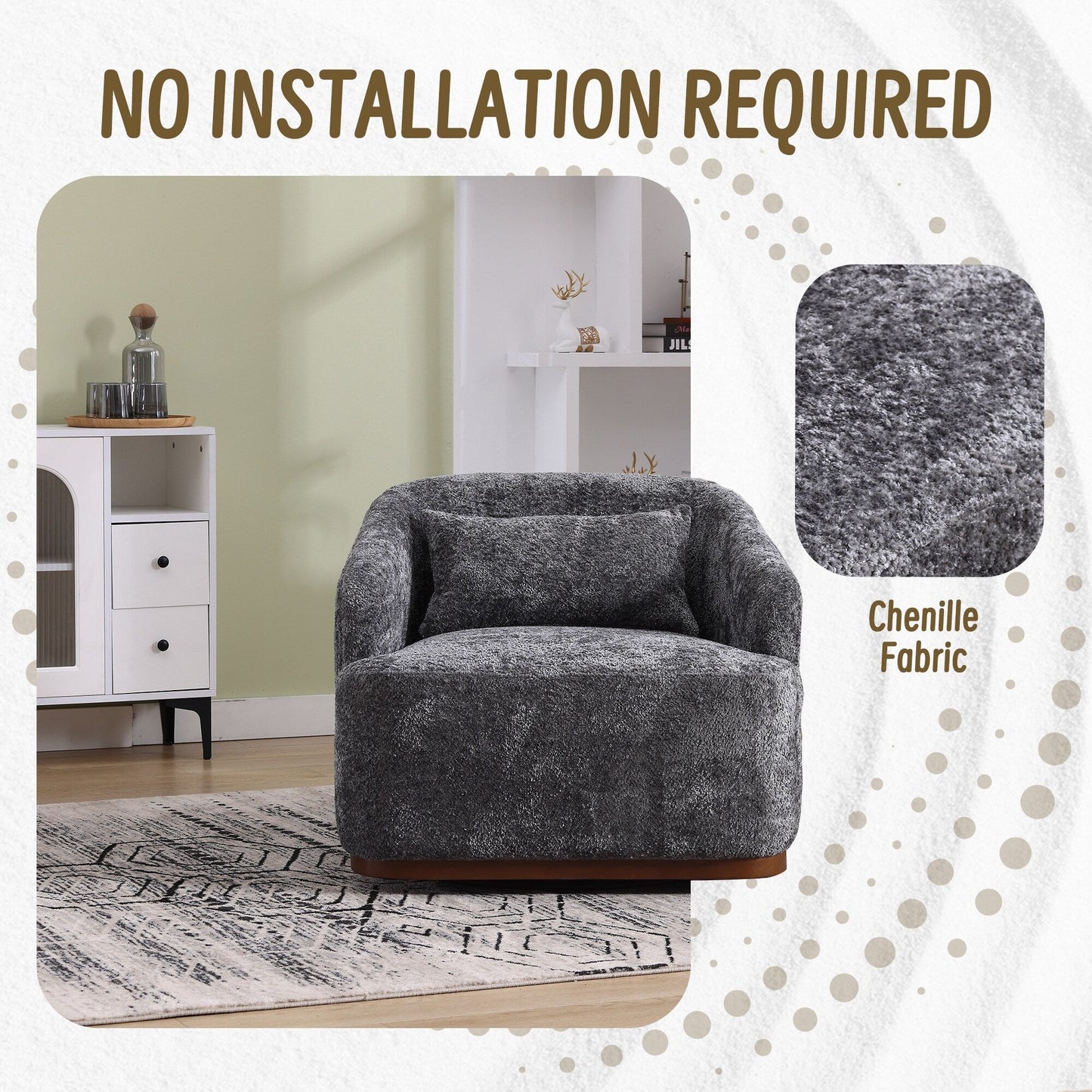 Fauteuil pivotant en chenille, canapé d'appoint confortable à 360 degrés pour salon, chambre à coucher et bureau avec coussin amovible.