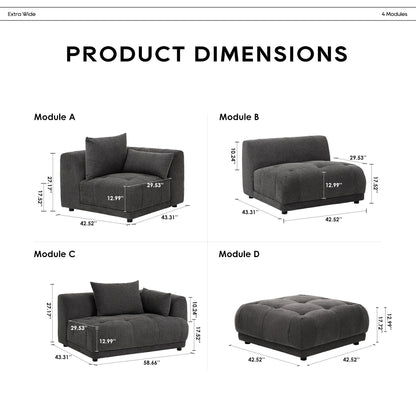 Canapé d'angle modulable Cloud 144 avec pouf - Canapé de salon en tissu chenille moelleux