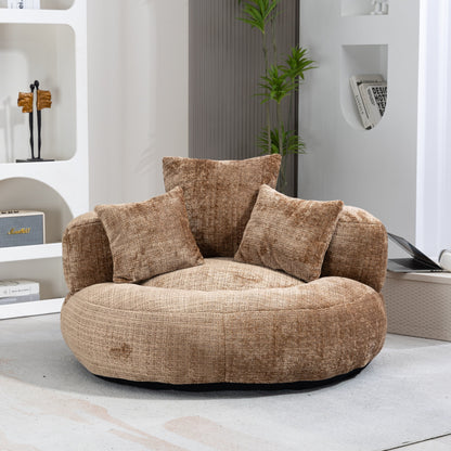 Canapé pouf géant en chenille 42.52 couleur café, avec trois coussins, pour chambre à coucher.