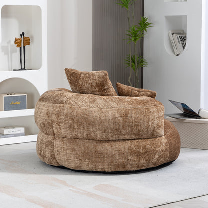 Canapé pouf géant en chenille 42.52 couleur café, avec trois coussins, pour chambre à coucher.